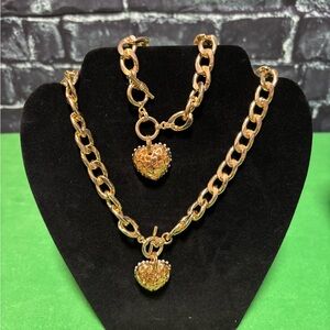Gold Heart Charm Necklace and Bracelet Set reversible